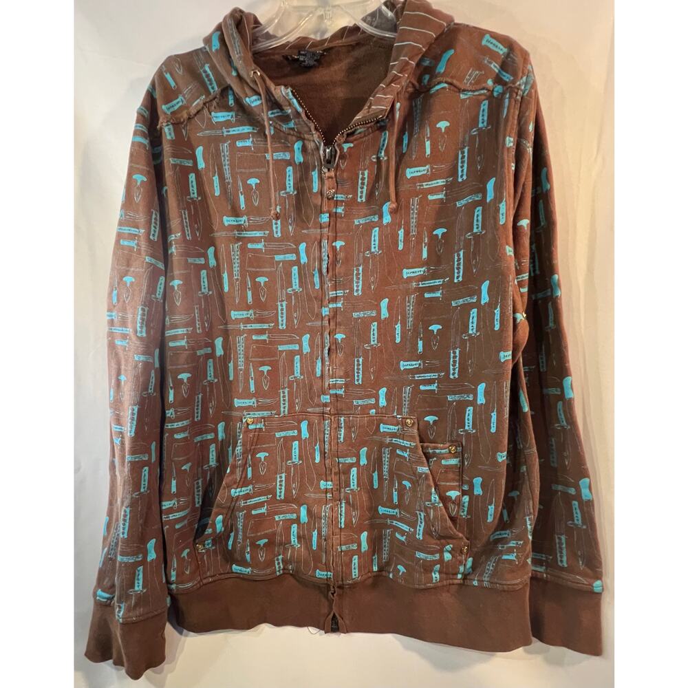 Empyre Brown & Blue Full zip Hoodie Jacket Knife Motif Sz XL